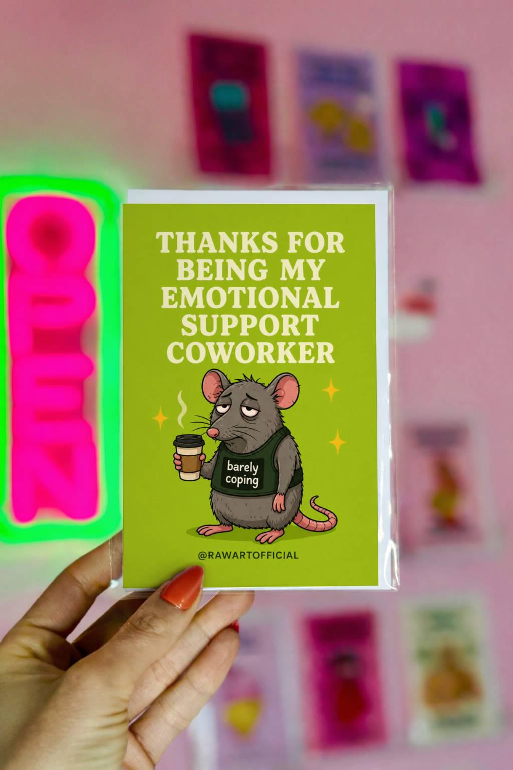 Funny coworker thank you card with tired possum holding coffee and “barely coping” shirt on green background