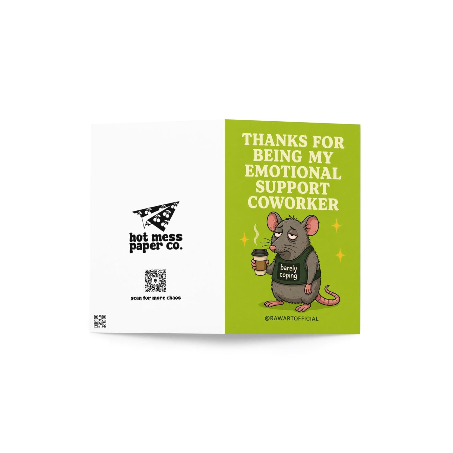 Funny coworker thank you card with tired possum holding coffee and “barely coping” shirt on green background