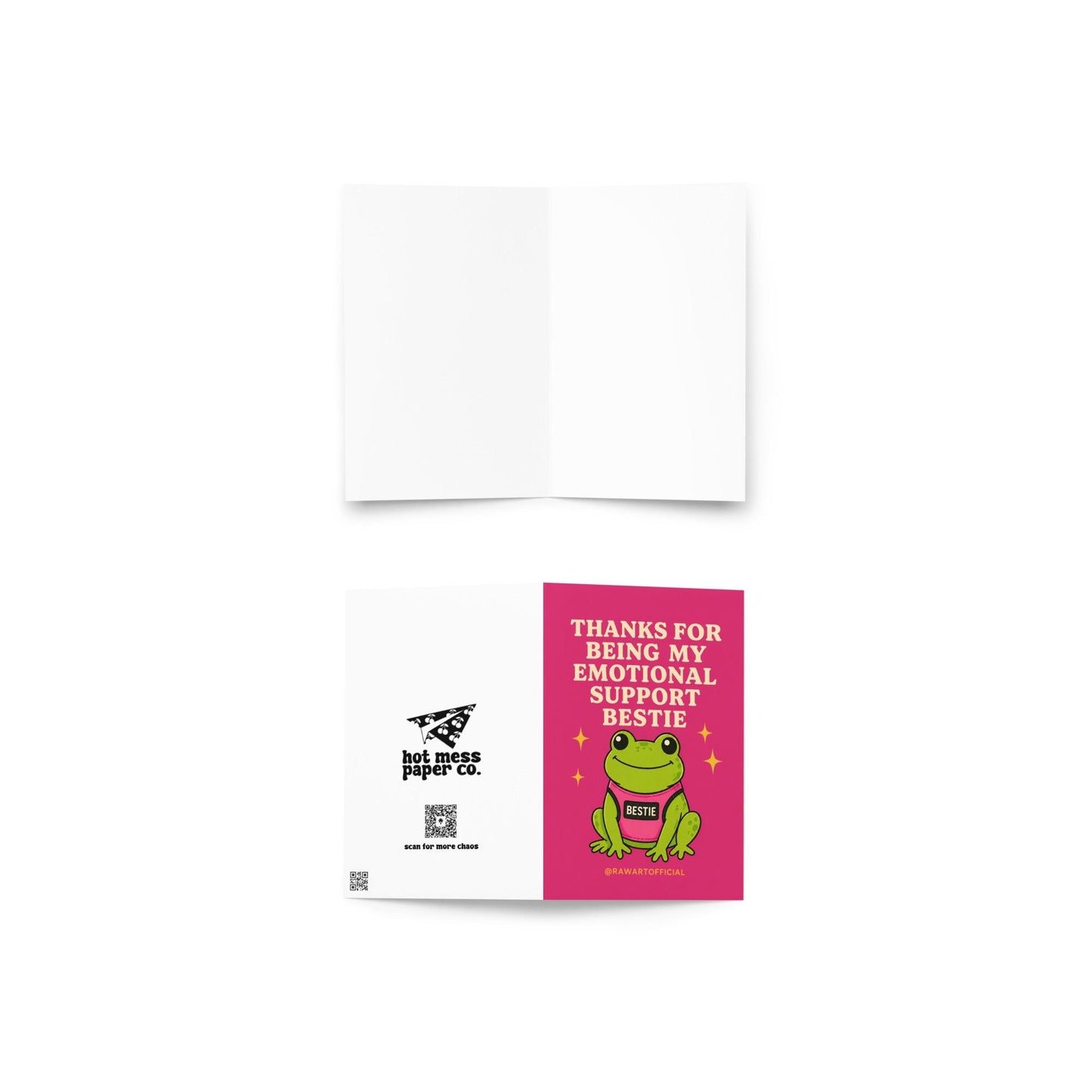 Funny friendship greeting card with smiling frog wearing “BESTIE” shirt on bright pink background saying “Thanks for being my emotional support bestie”
