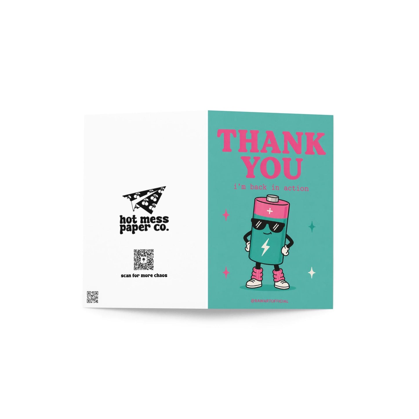 Funny coworker thank you greeting card with cartoon battery wearing sunglasses saying “Thank You, i’m back in action” on teal background.