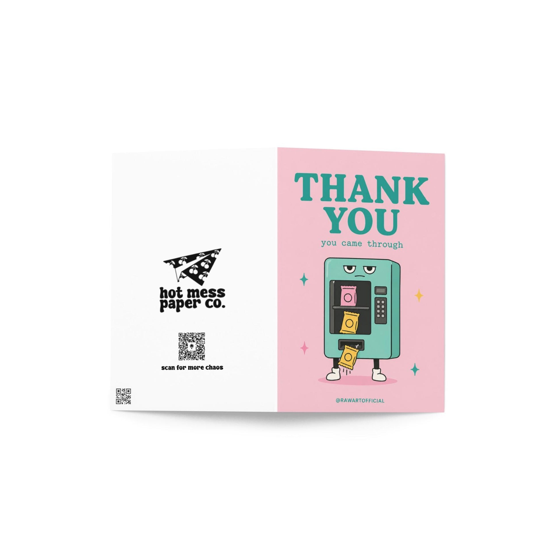 Funny coworker thank you greeting card with cartoon vending machine saying “Thank You, you came through” on pink background.