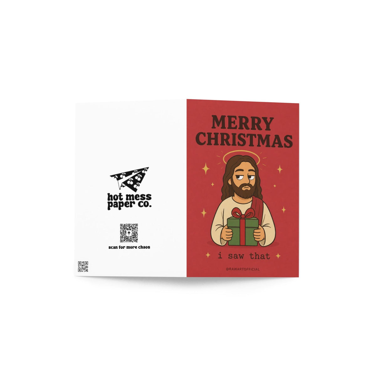 Funny Christmas greeting card with unimpressed Jesus holding a gift on red background saying “Merry Christmas, I Saw That”