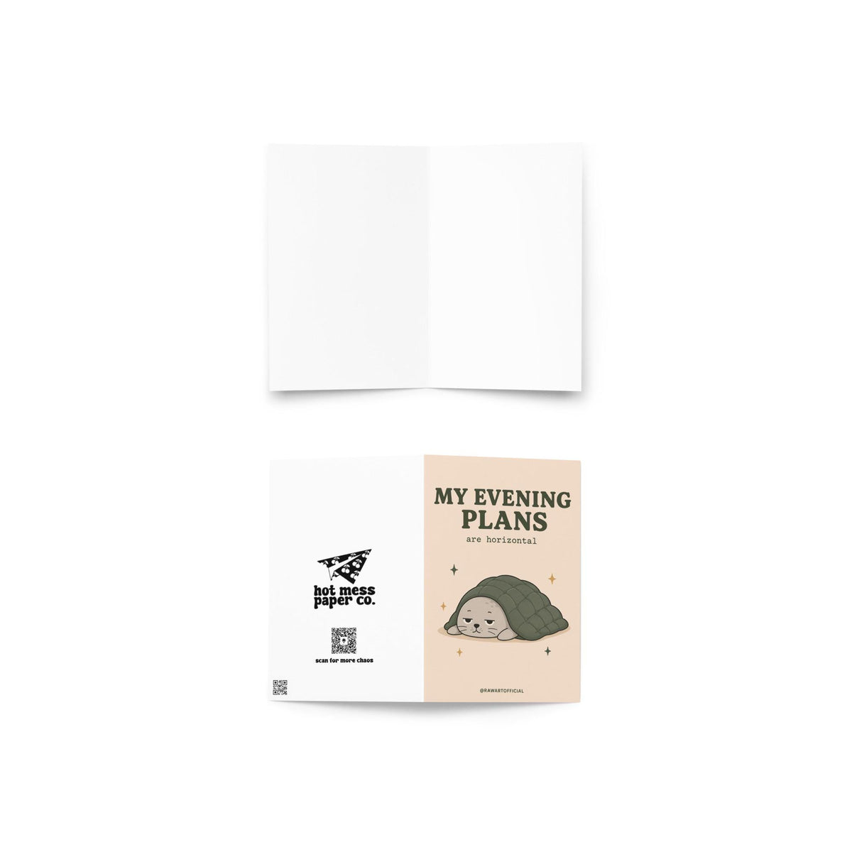 Funny greeting card with sleepy seal under blanket on cream background saying “My Evening Plans Are Horizontal”