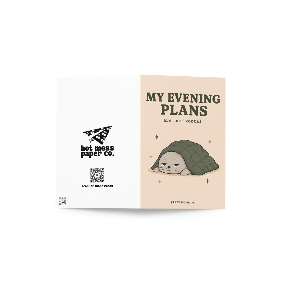 Funny greeting card with sleepy seal under blanket on cream background saying “My Evening Plans Are Horizontal”