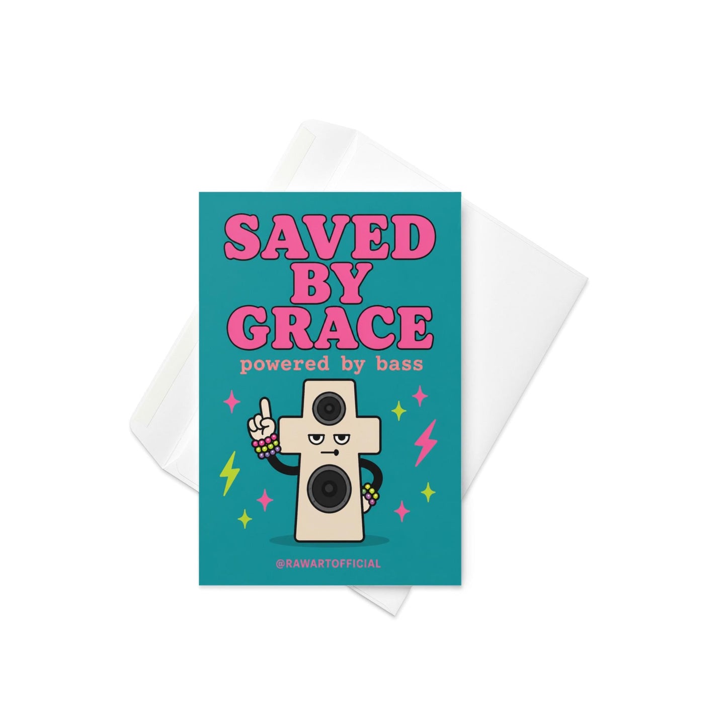 Funny rave birthday greeting card with speaker shaped cross wearing kandi bracelets, text reads “saved by grace powered by bass”