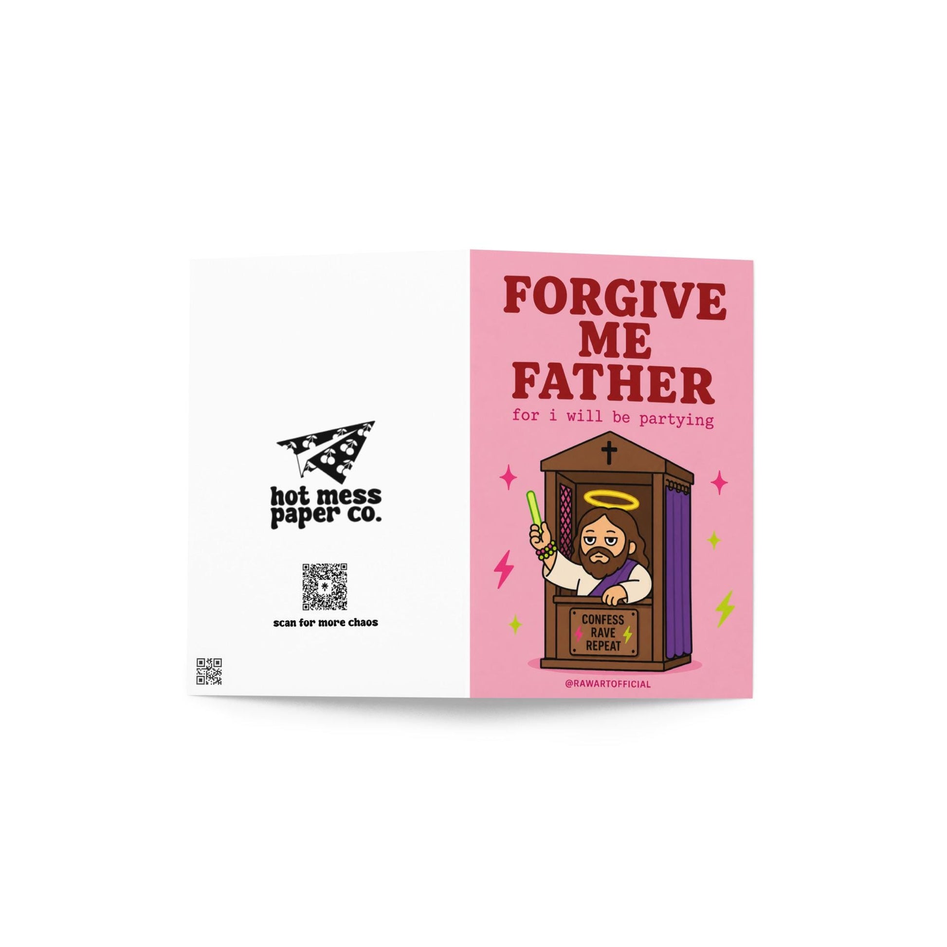Funny rave birthday card with Jesus in a confessional booth holding glow sticks, text reads “forgive me father for i will be partying”