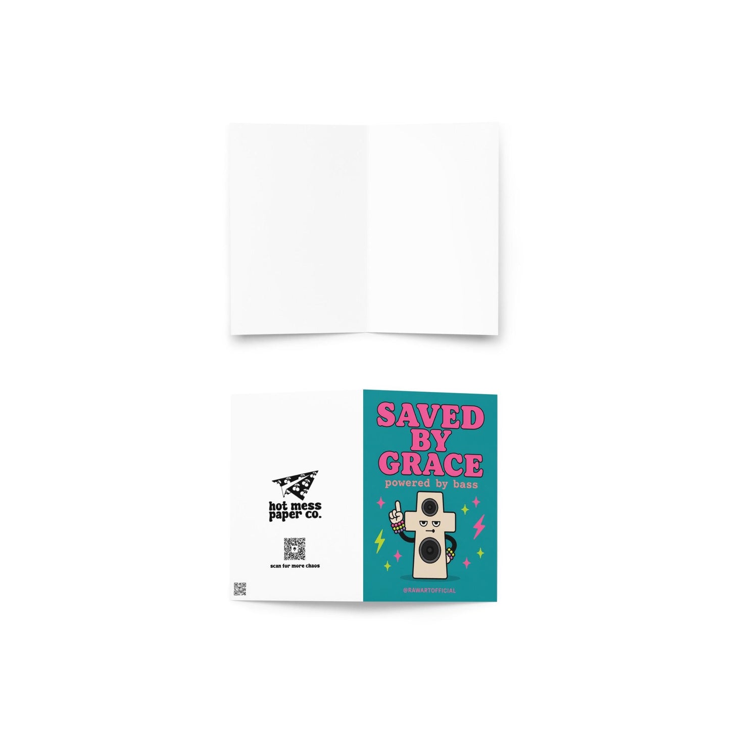 Funny rave birthday greeting card with speaker shaped cross wearing kandi bracelets, text reads “saved by grace powered by bass”