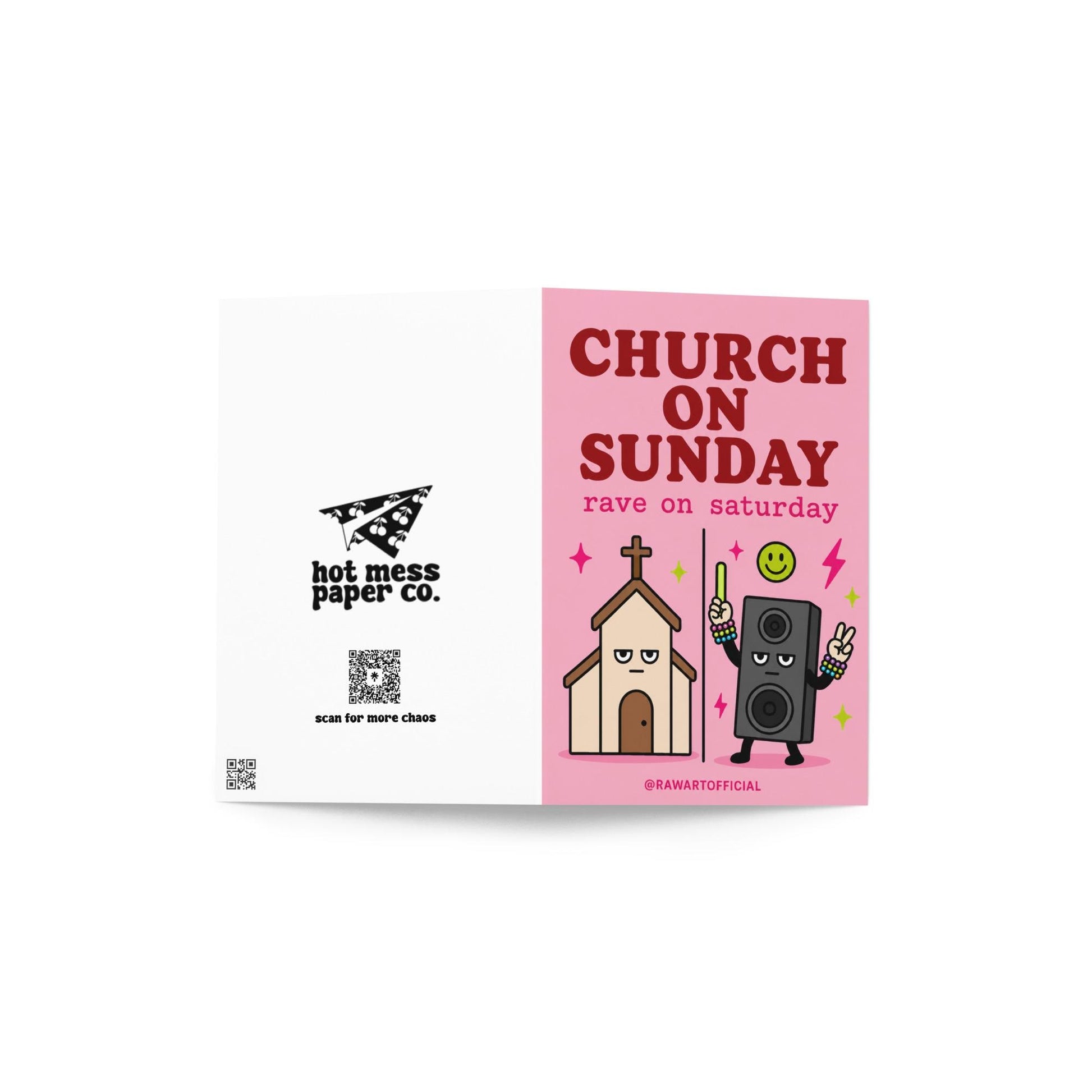 Funny birthday card with church and rave speaker characters, text says “church on sunday rave on saturday”
