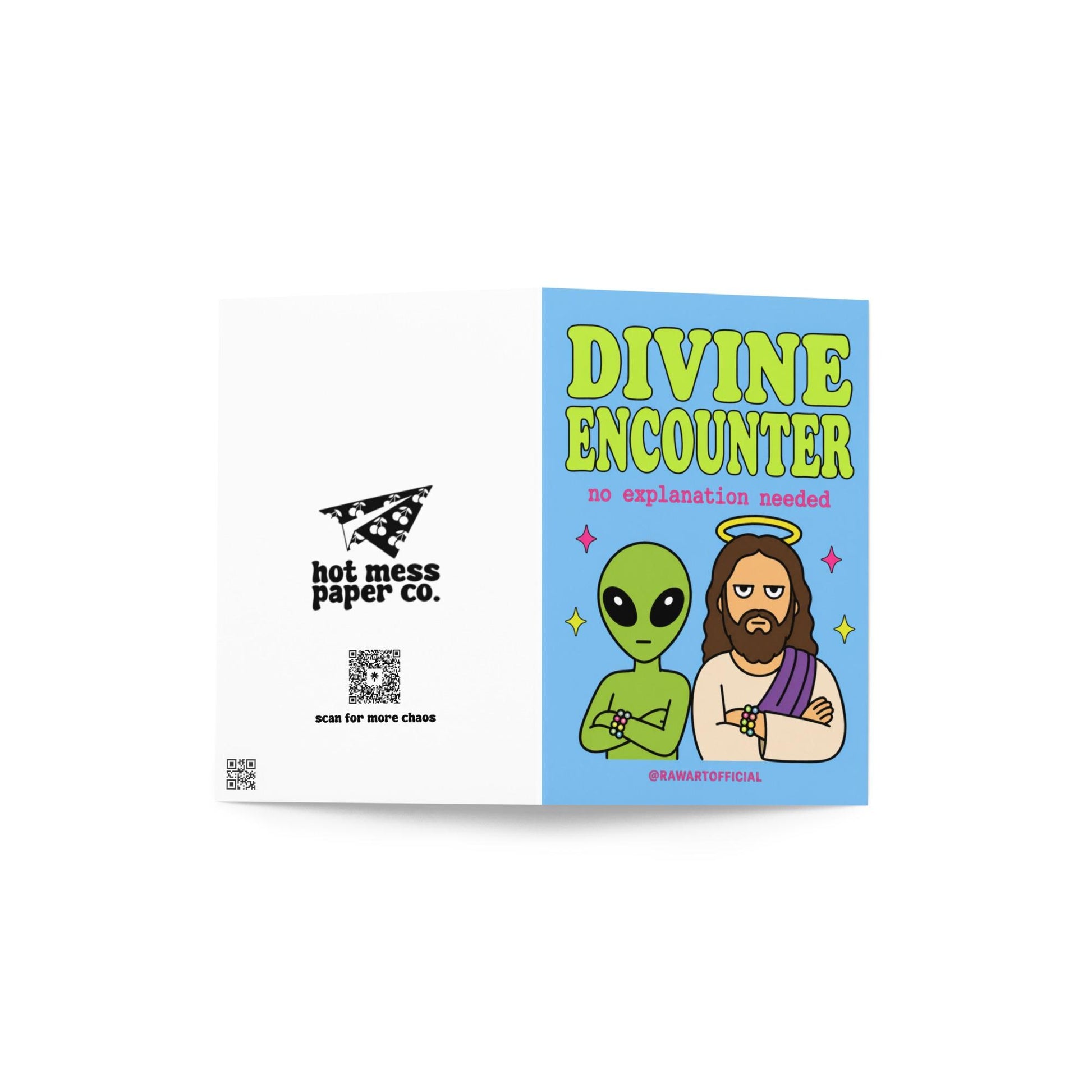 Funny birthday card with alien and Jesus standing together, text says “divine encounter no explanation needed”