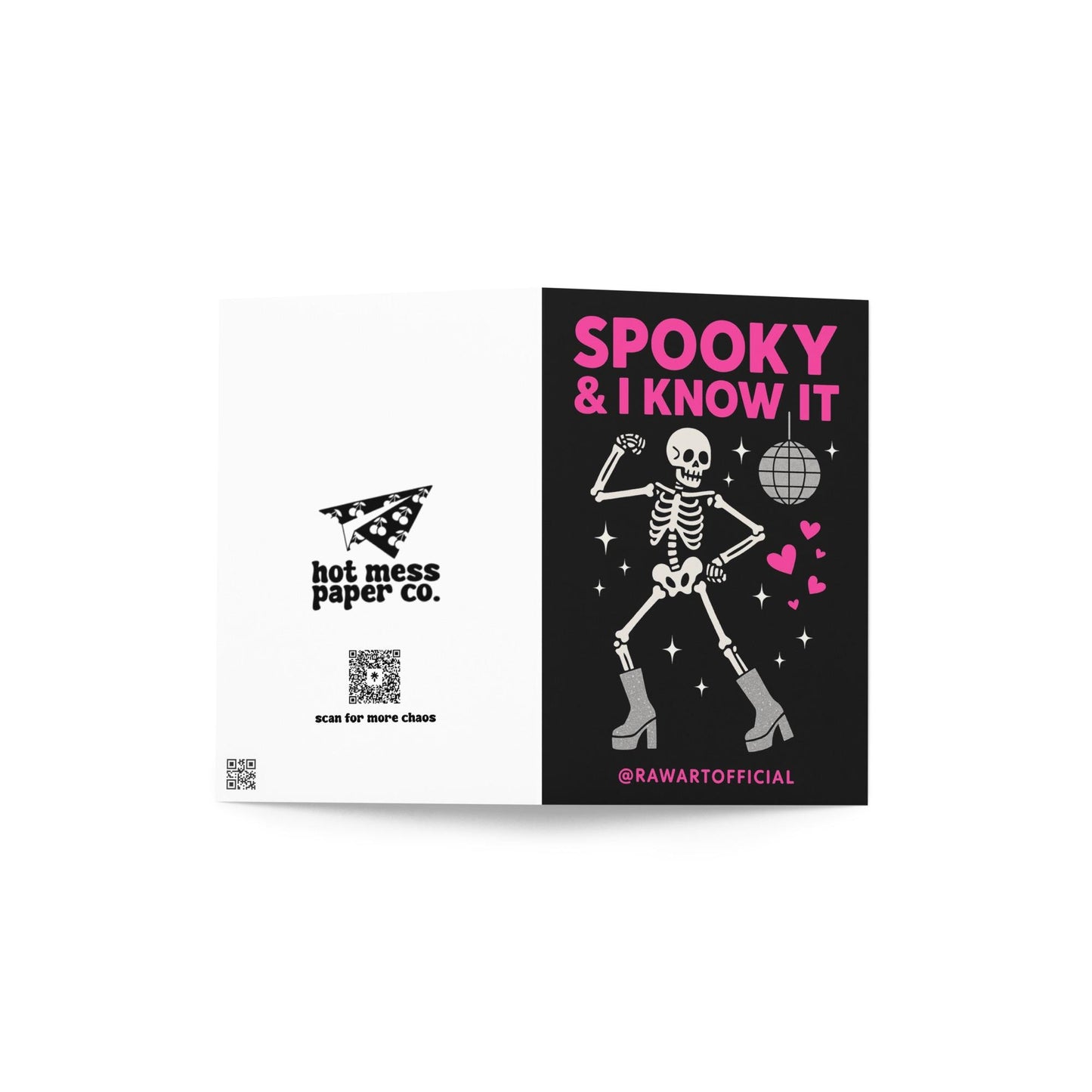 Funny Halloween greeting card with dancing skeleton in sparkly boots and disco ball on black background saying “Spooky & I Know It”