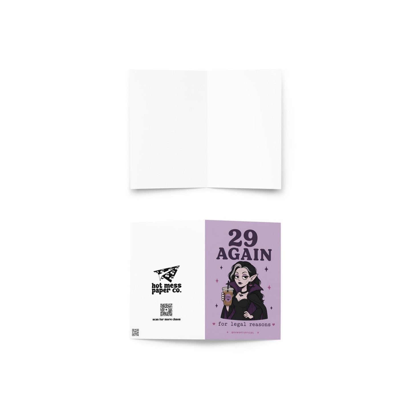 Funny goth vampire birthday card saying “29 again for legal reasons” holding iced coffee