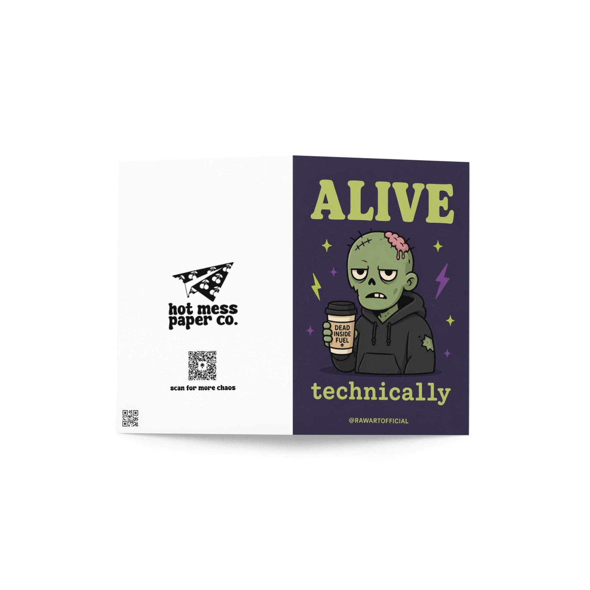 Funny zombie birthday card holding coffee, text says “alive technically”
