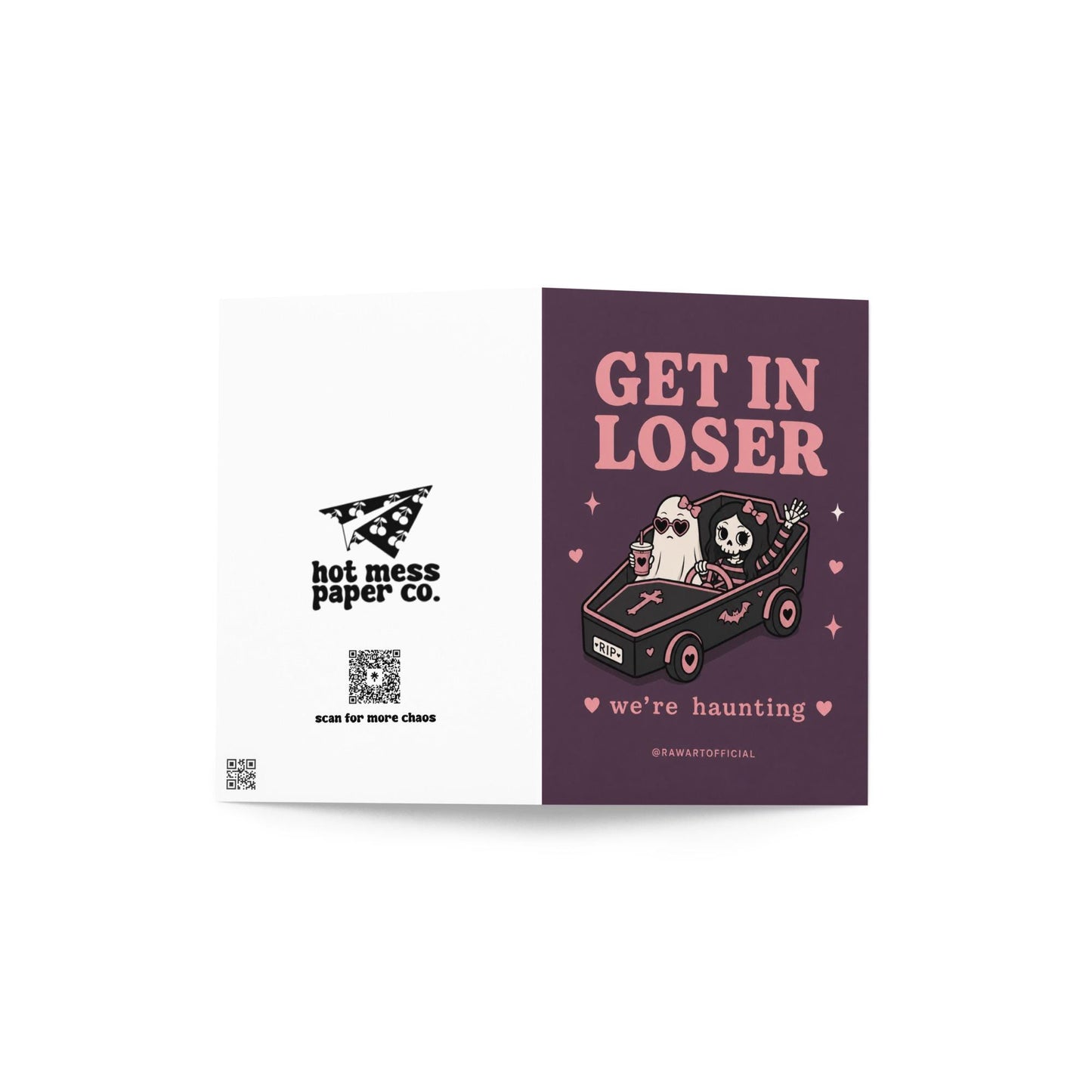 Funny spooky card with skeleton and ghost in hearse saying get in loser we are haunting