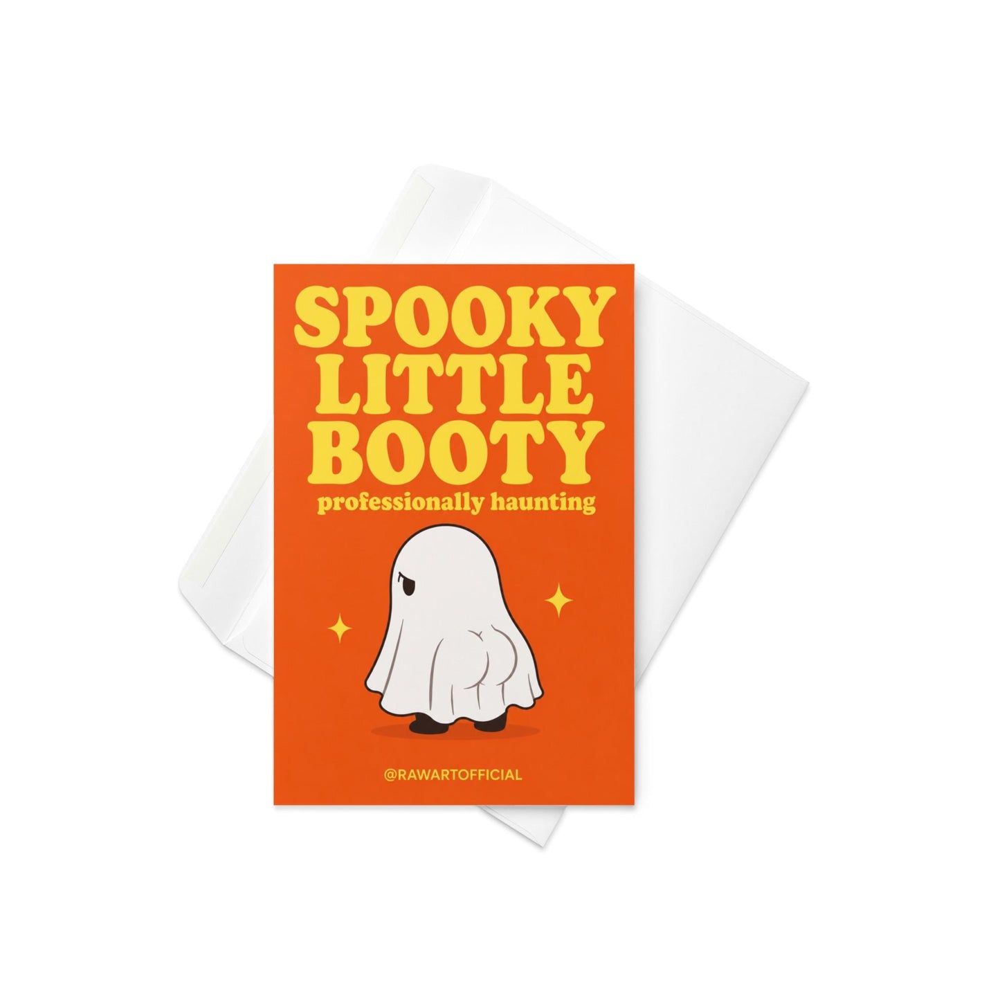 Funny Halloween greeting card with ghost showing a tiny booty on orange background saying “Spooky Little Booty professionally haunting”