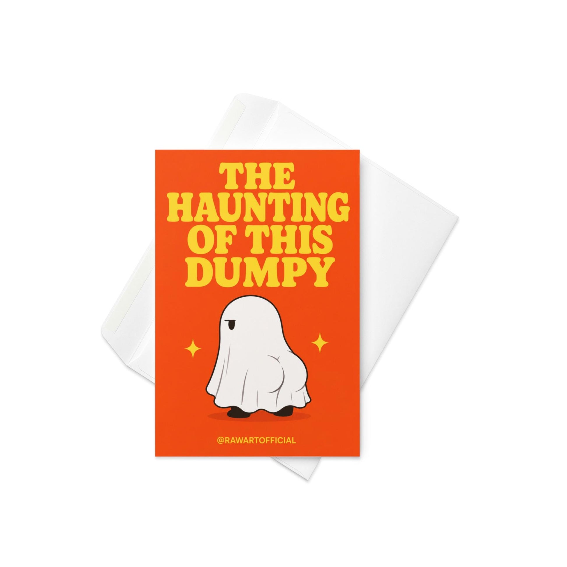 Funny Halloween greeting card with ghost showing a cheeky booty on orange background saying “The Haunting of This Dumpy”