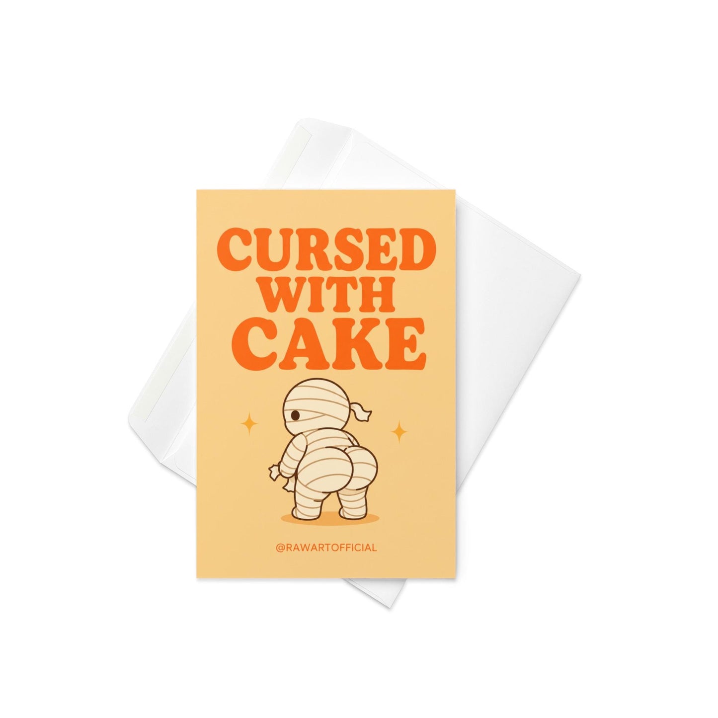 Funny Halloween greeting card with mummy showing a cheeky booty on cream background saying “Cursed With Cake”