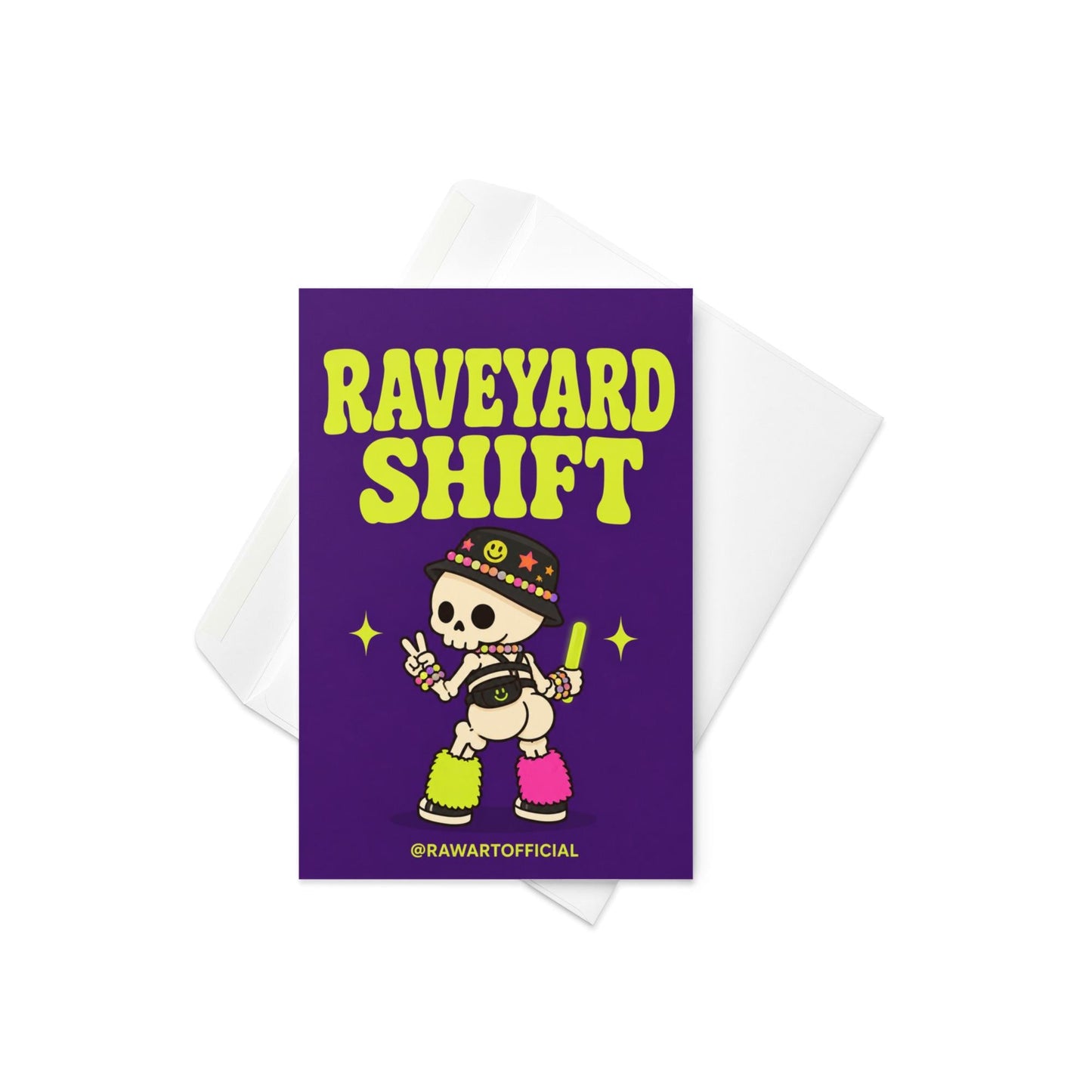 Funny Halloween greeting card with cheeky rave skeleton wearing kandi and fuzzy leg warmers saying “Raveyard Shift” on purple background.