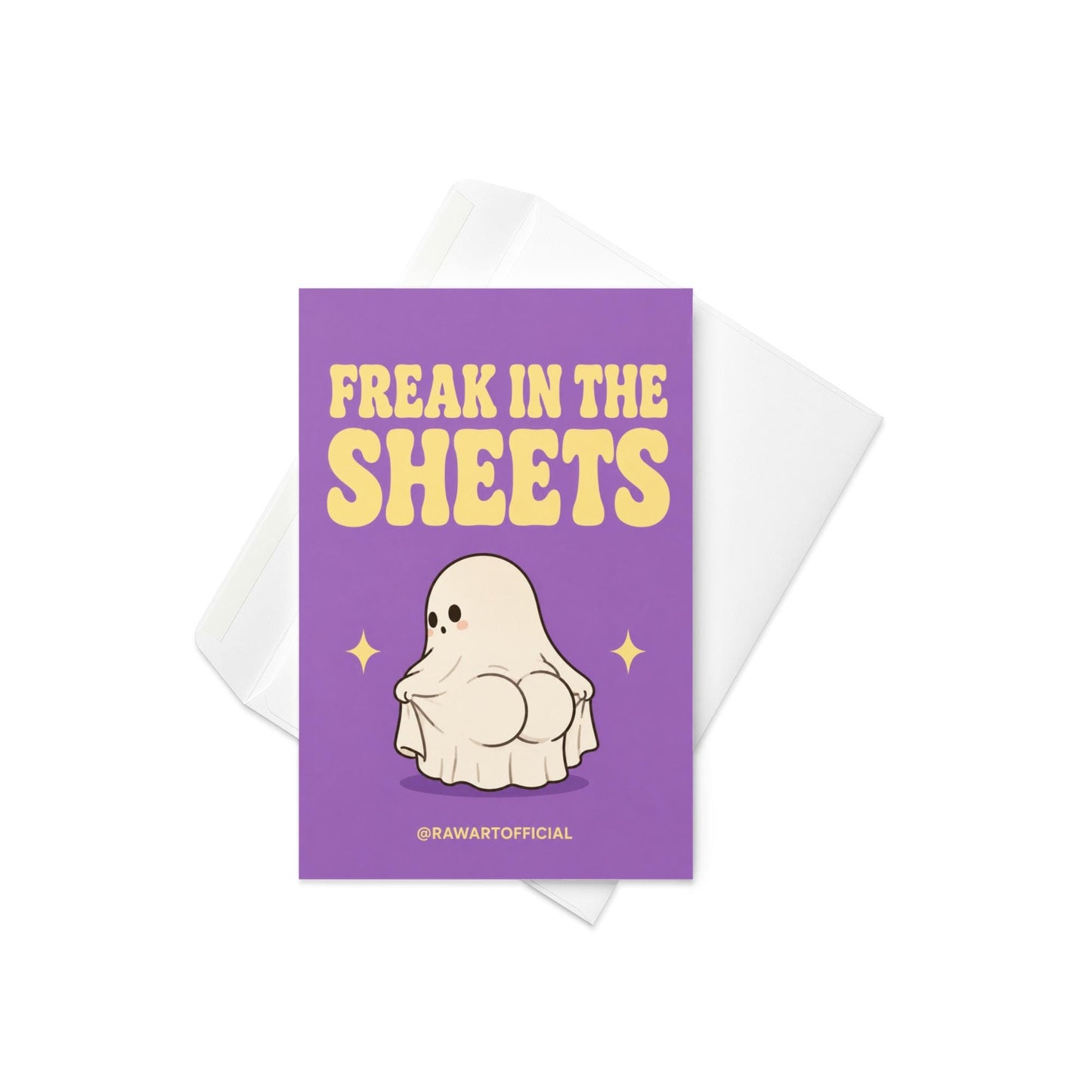 Funny Halloween greeting card with cute ghost booty character and retro text reading “Freak in the Sheets” on a lavender background.