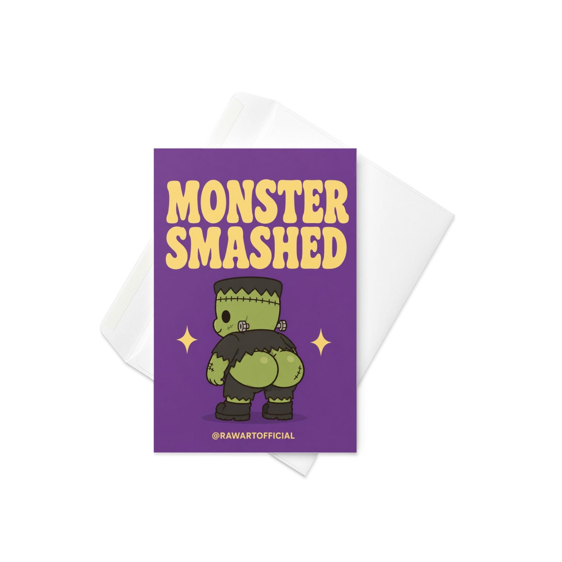 Funny Halloween greeting card with a cute Frankenstein monster from behind and the text “Monster Smashed” on a purple background.