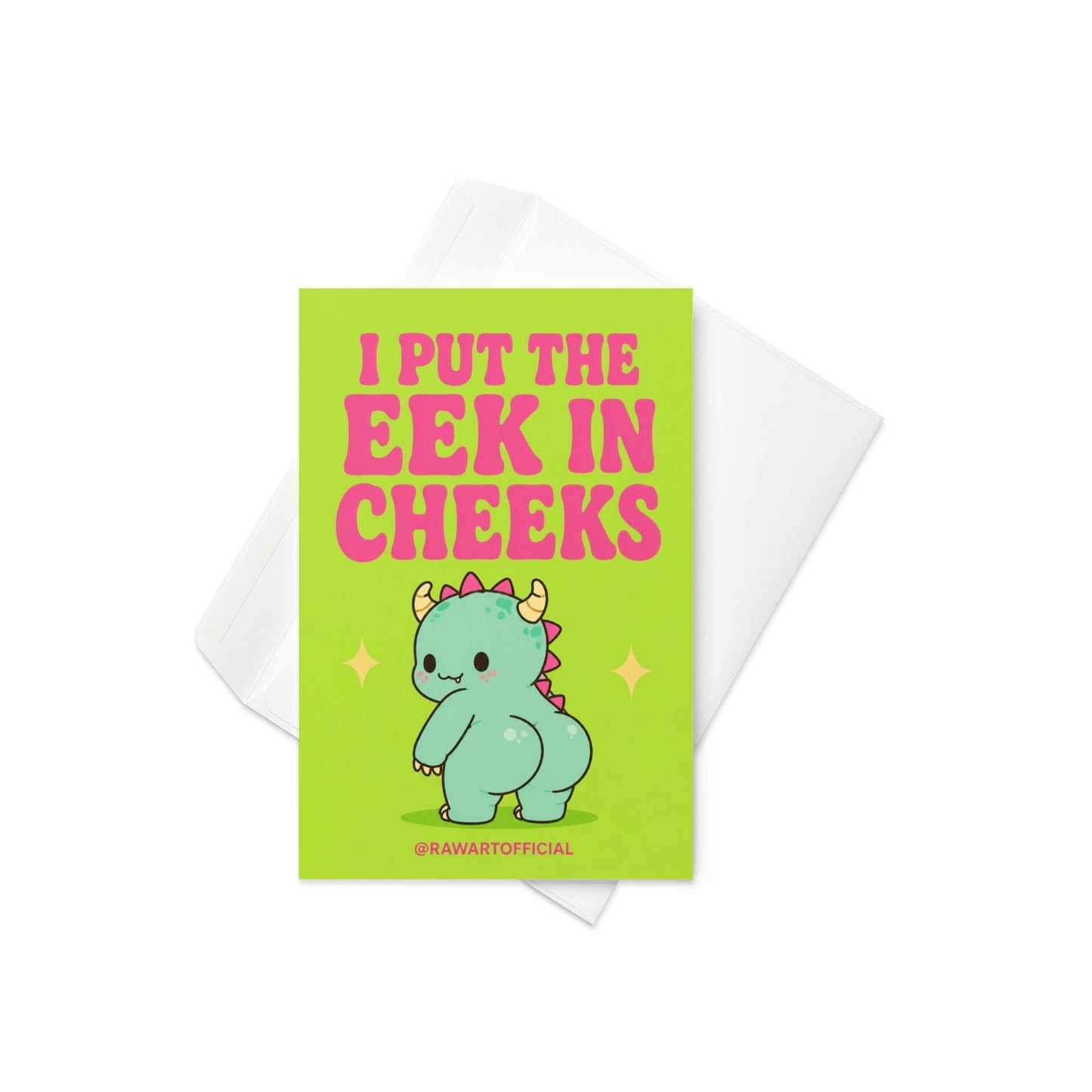 Funny Halloween greeting card with cute monster booty character and retro text reading “I Put the Eek in Cheeks” on slime green background.