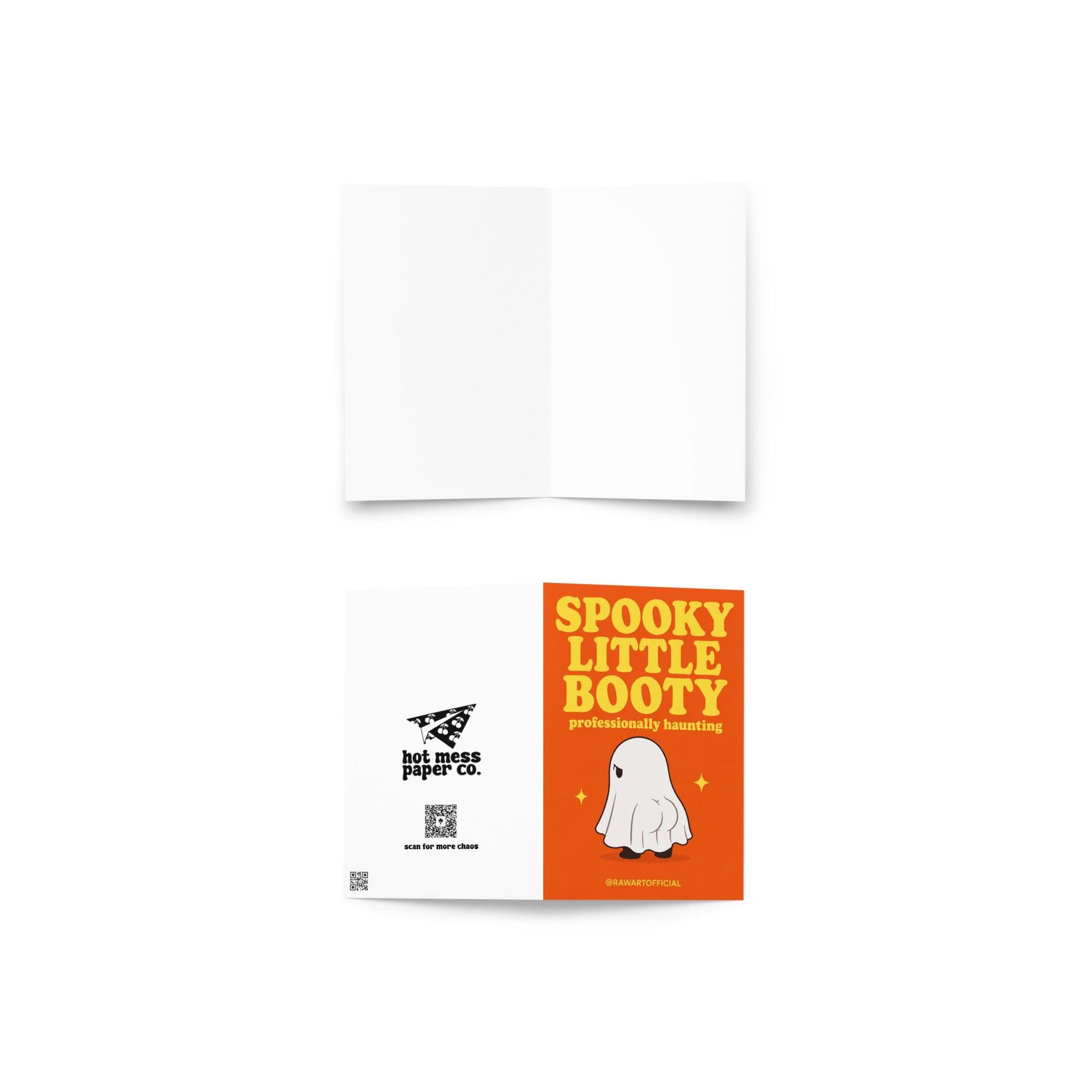 Funny Halloween greeting card with ghost showing a tiny booty on orange background saying “Spooky Little Booty professionally haunting”