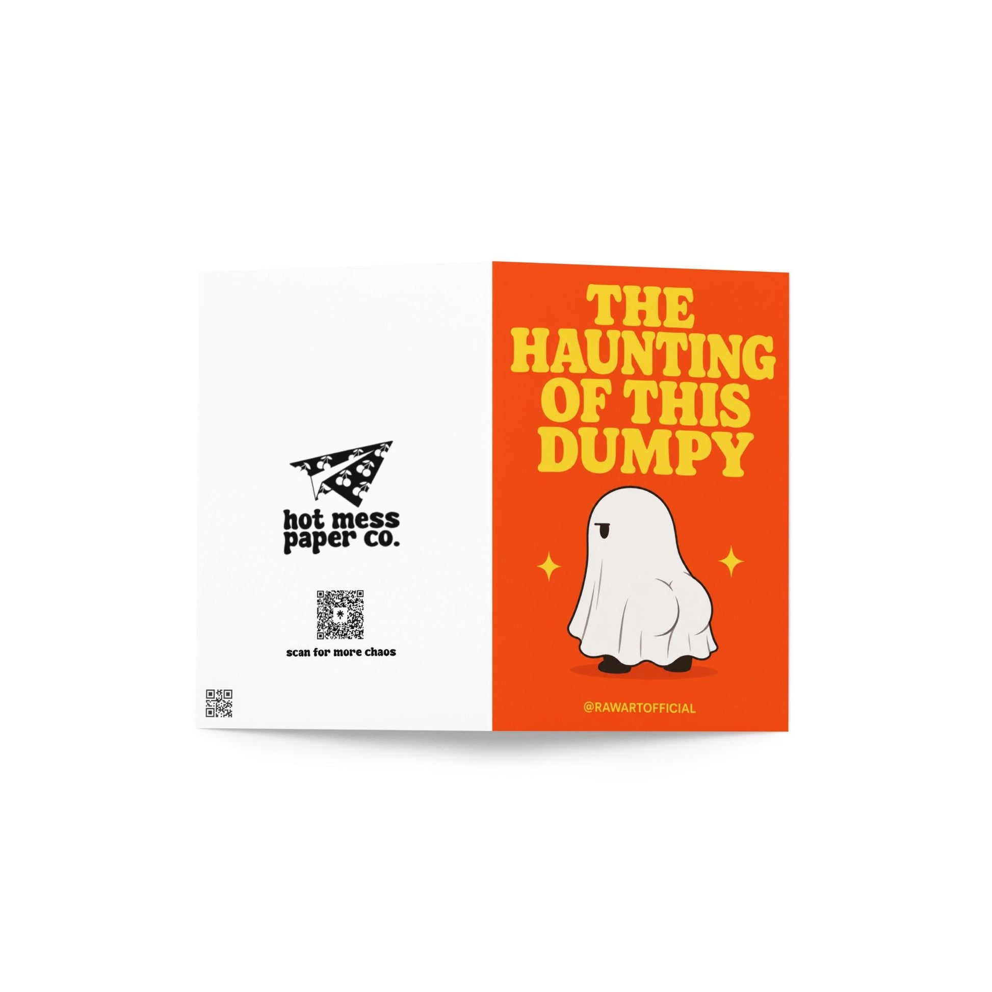 Funny Halloween greeting card with ghost showing a cheeky booty on orange background saying “The Haunting of This Dumpy”