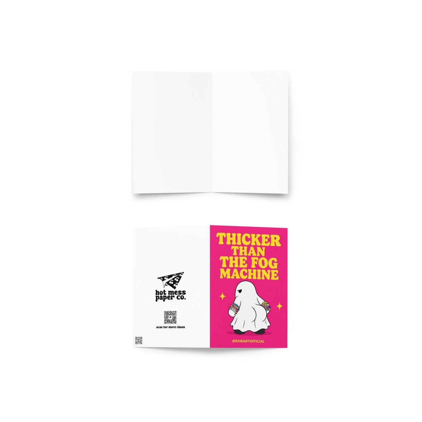 Funny Halloween rave greeting card with ghost wearing kandi bracelets on hot pink background saying “Thicker Than The Fog Machine”