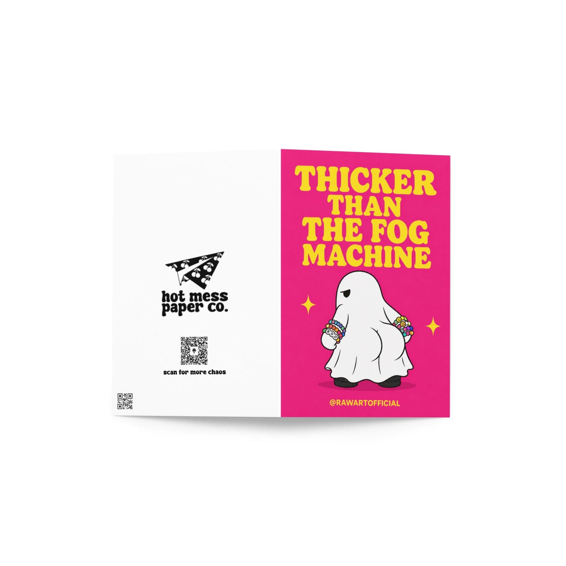 Funny Halloween rave greeting card with ghost wearing kandi bracelets on hot pink background saying “Thicker Than The Fog Machine”