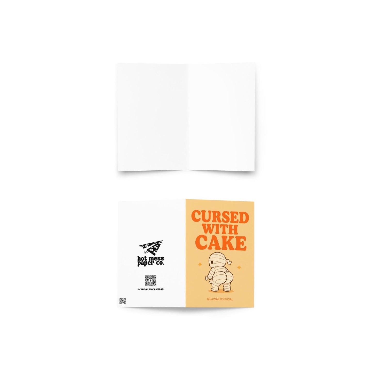 Funny Halloween greeting card with mummy showing a cheeky booty on cream background saying “Cursed With Cake”