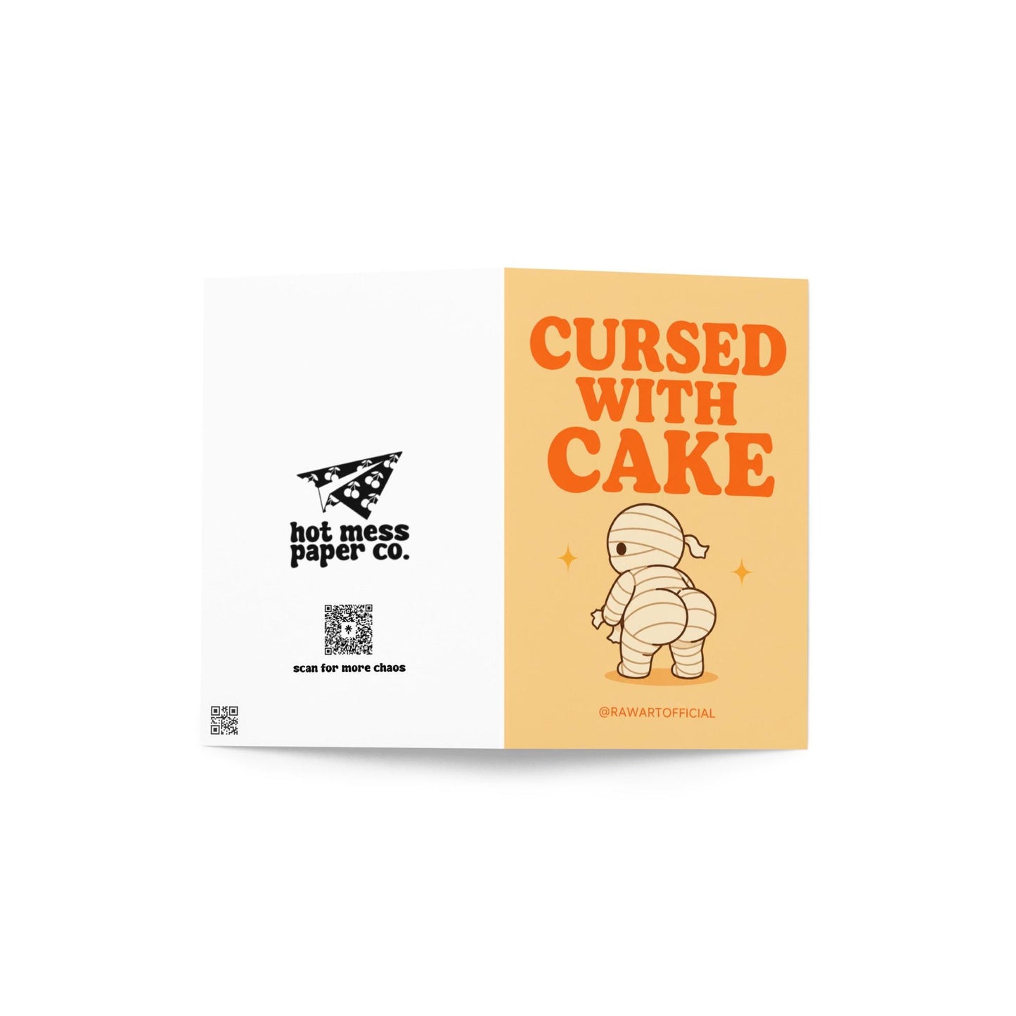 Funny Halloween greeting card with mummy showing a cheeky booty on cream background saying “Cursed With Cake”
