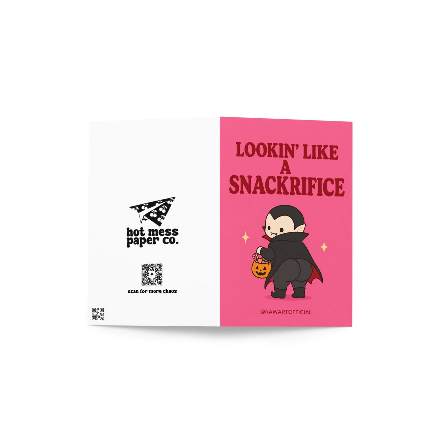 Funny Halloween greeting card with cute vampire booty holding pumpkin candy bucket on pink background saying “Lookin’ Like a Snackrifice”