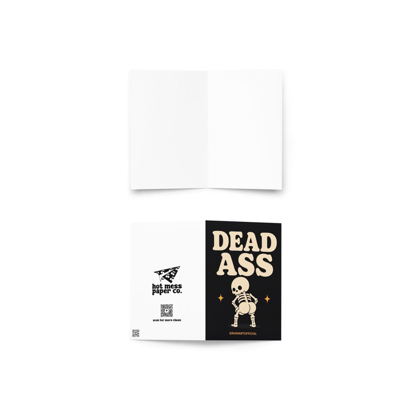 Funny Halloween greeting card with cheeky dancing skeleton booty on black background saying “Dead Ass” in bold retro lettering.