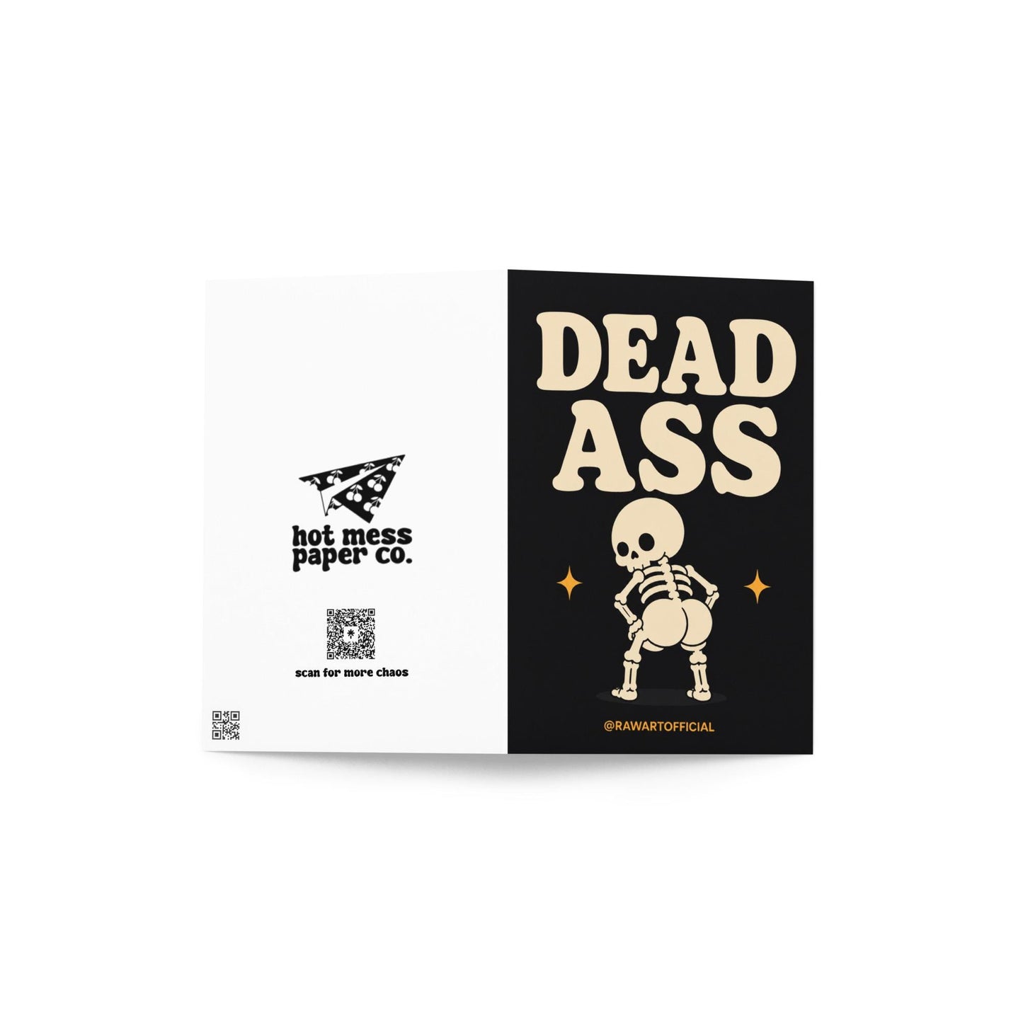 Funny Halloween greeting card with cheeky dancing skeleton booty on black background saying “Dead Ass” in bold retro lettering.