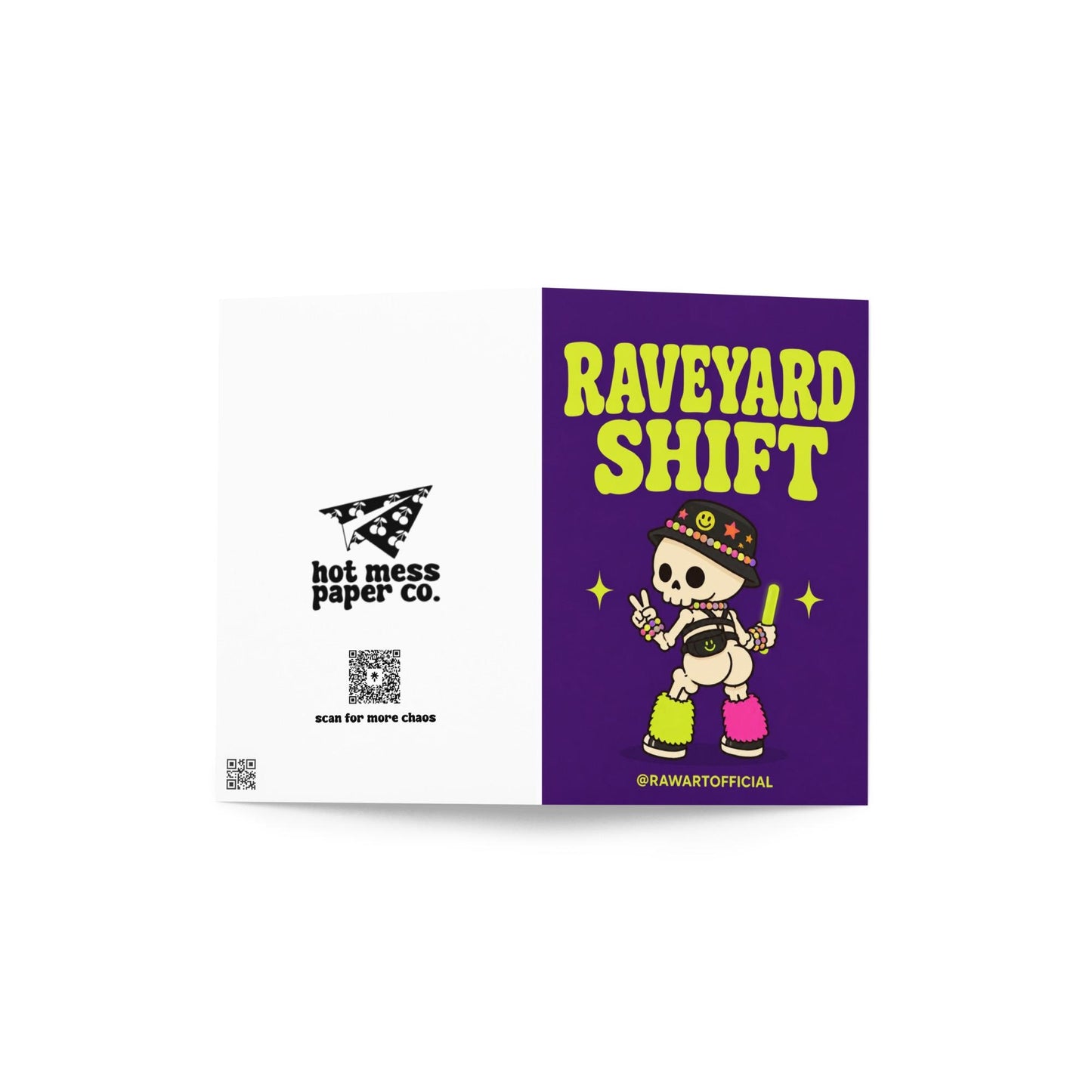 Funny Halloween greeting card with cheeky rave skeleton wearing kandi and fuzzy leg warmers saying “Raveyard Shift” on purple background.