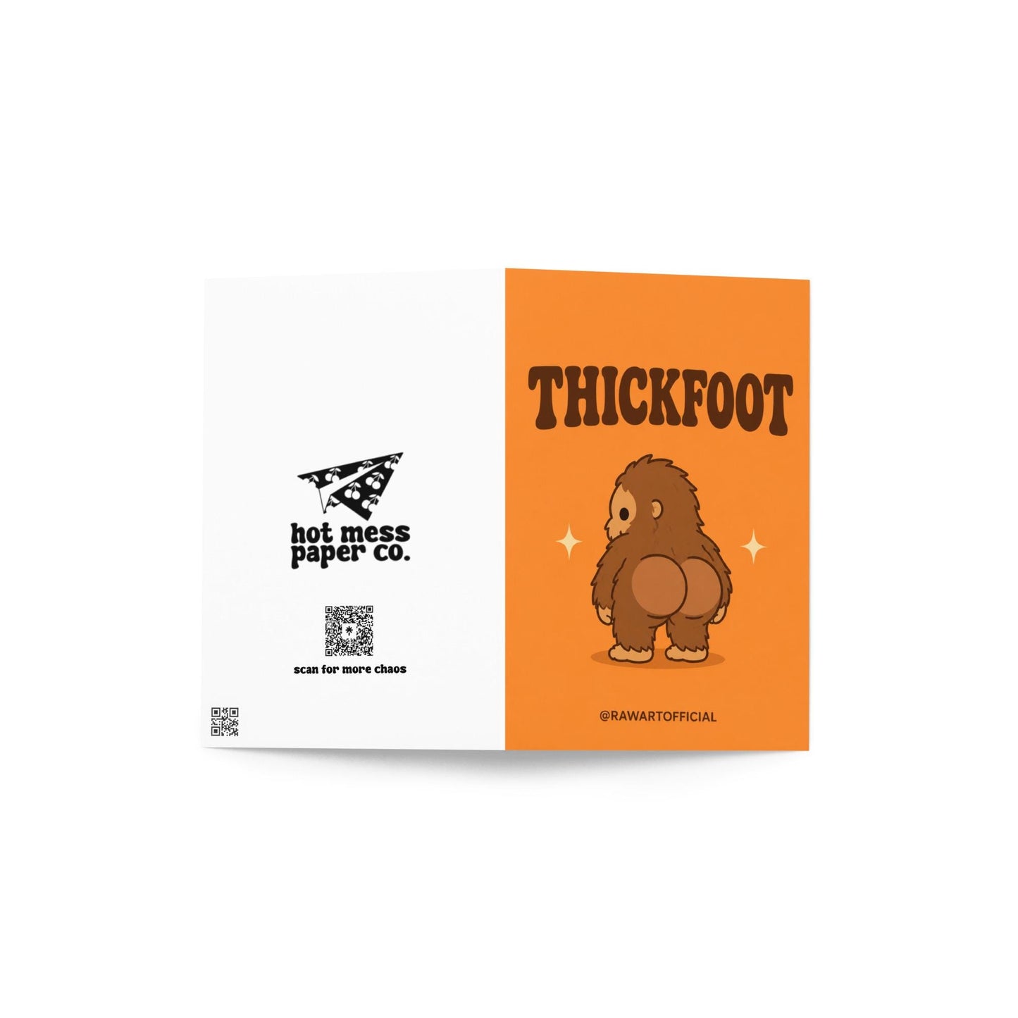 Funny Halloween greeting card with cheeky Bigfoot booty on orange background saying “Thickfoot” in retro lettering.
