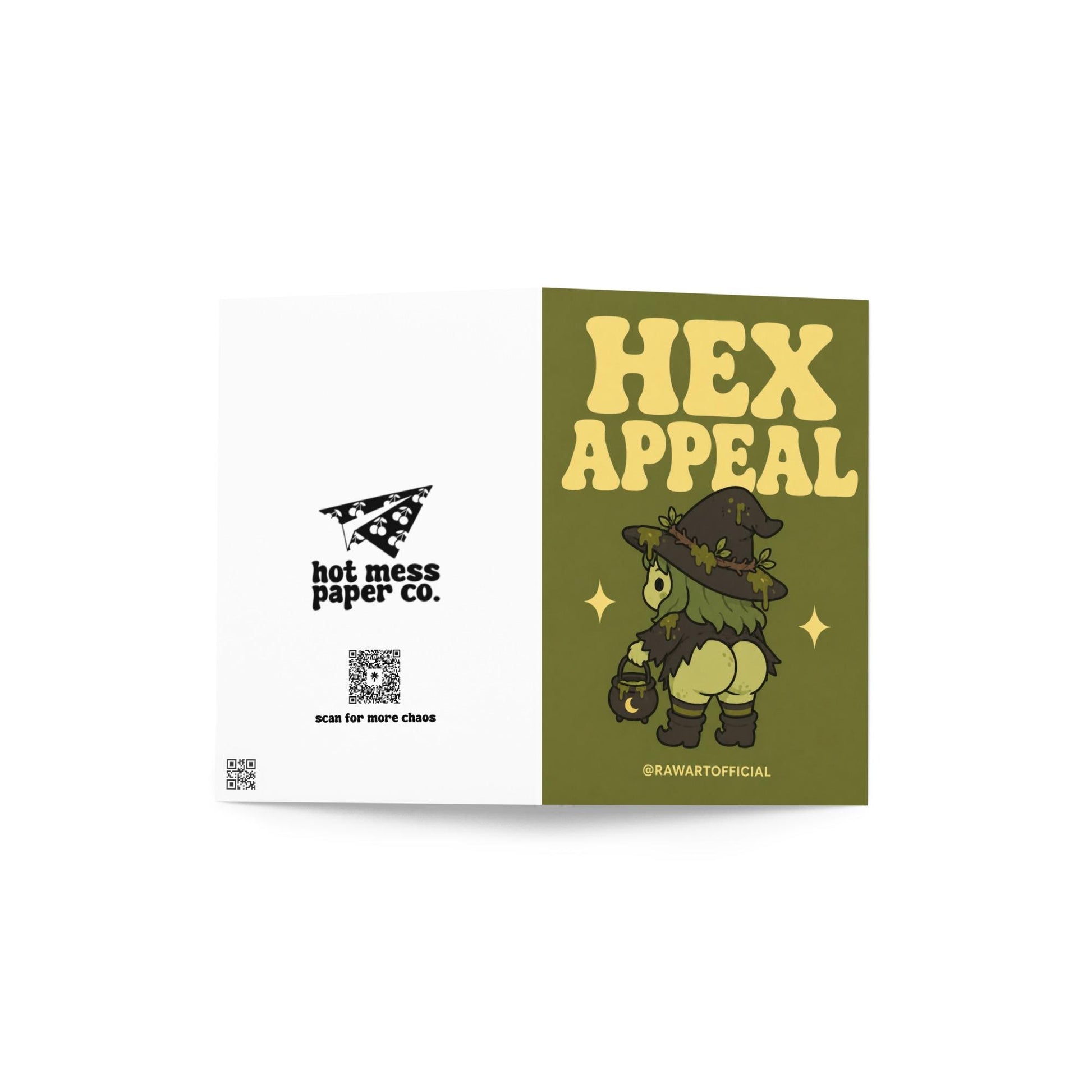 Funny Halloween greeting card with cheeky swamp witch booty holding cauldron on green background saying “Hex Appeal” in retro lettering.