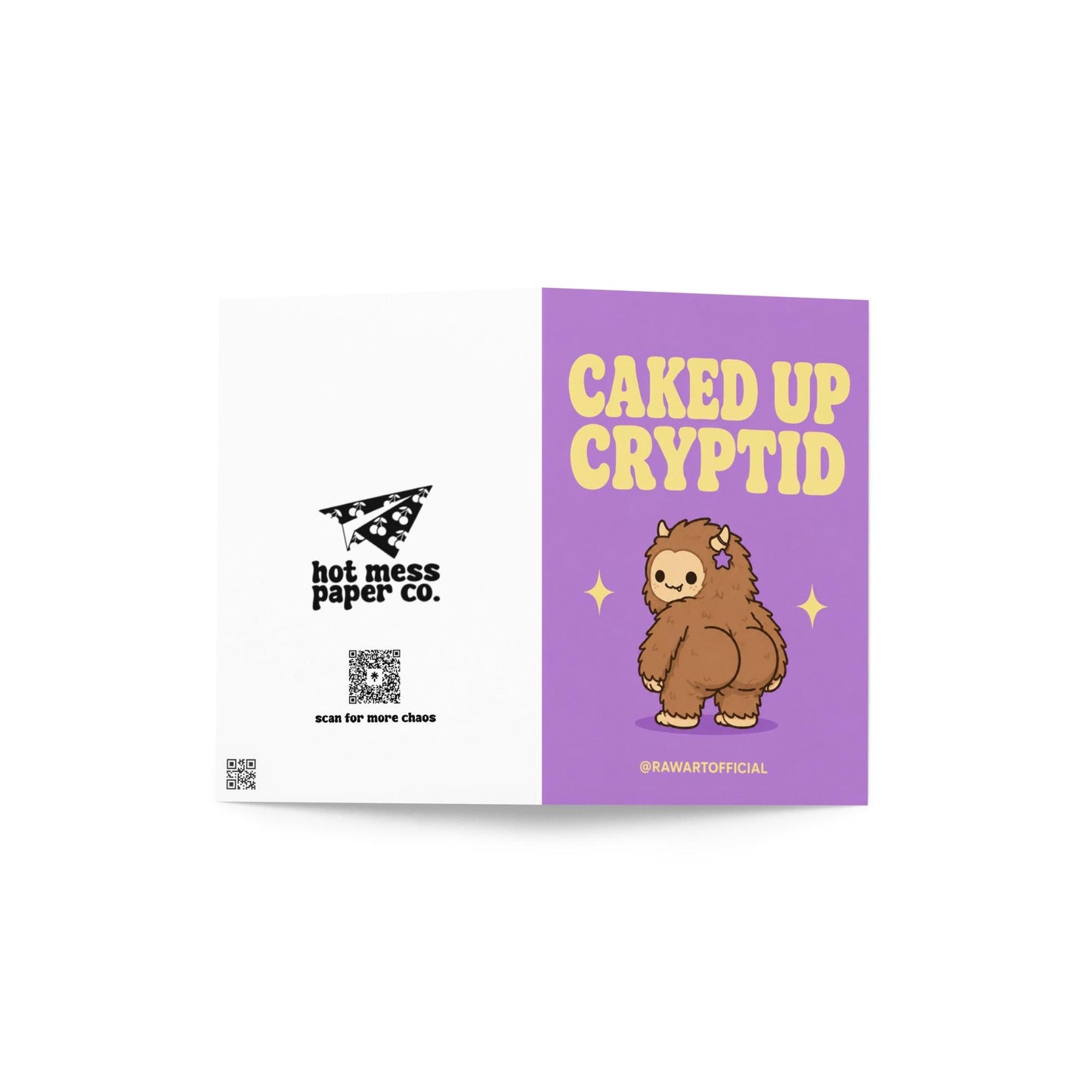 Funny Halloween greeting card with cute caked up cryptid Bigfoot character on lavender background saying “Caked Up Cryptid” in retro lettering.