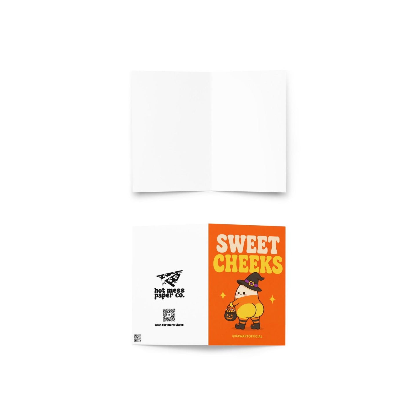 Funny Halloween greeting card with cute candy corn witch character holding candy bucket and text reading “Sweet Cheeks” on orange background.