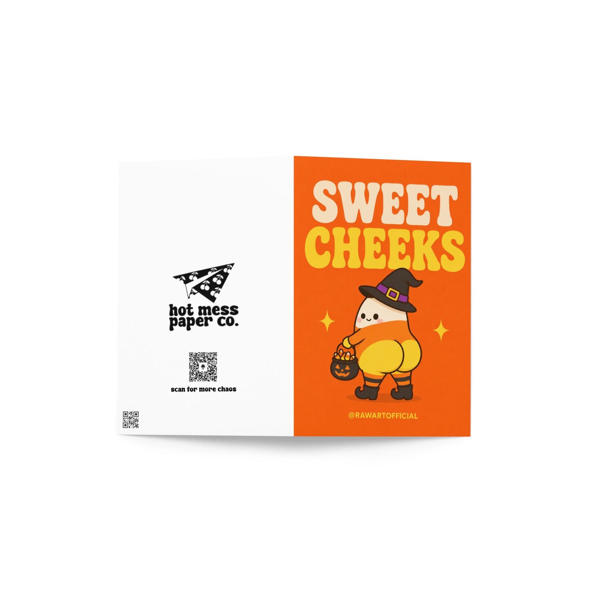 Funny Halloween greeting card with cute candy corn witch character holding candy bucket and text reading “Sweet Cheeks” on orange background.