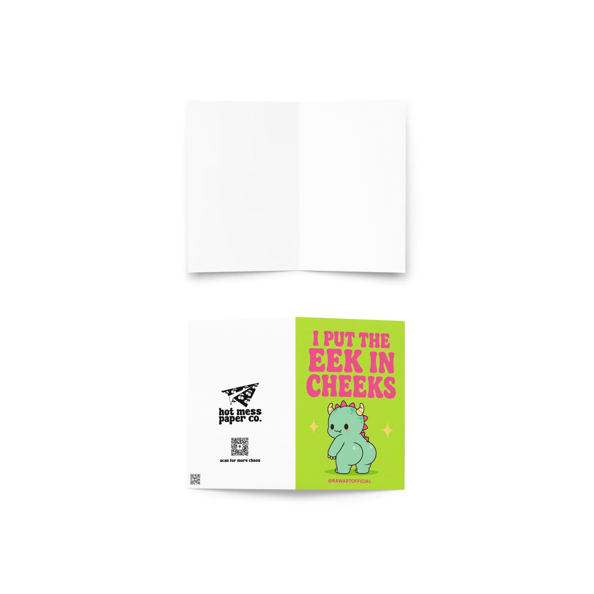 Funny Halloween greeting card with cute monster booty character and retro text reading “I Put the Eek in Cheeks” on slime green background.
