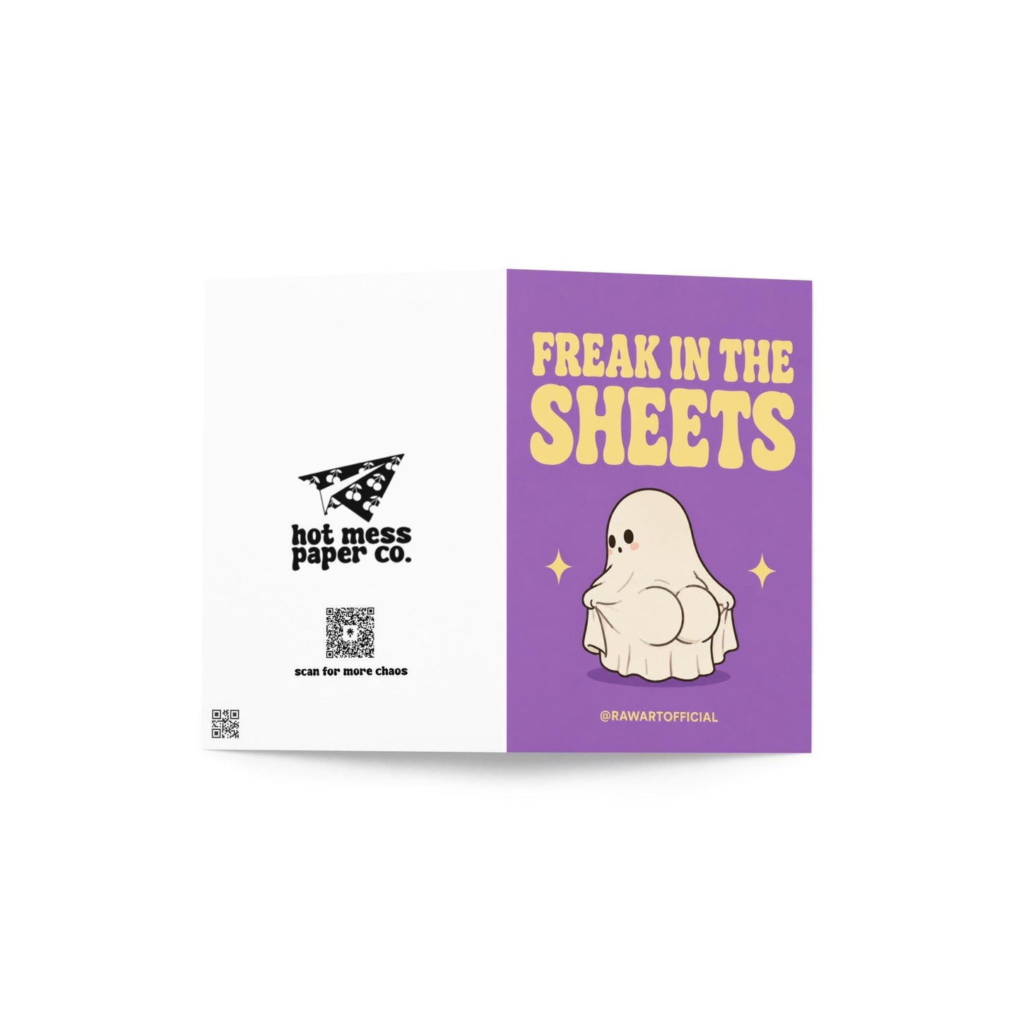 Funny Halloween greeting card with cute ghost booty character and retro text reading “Freak in the Sheets” on a lavender background.