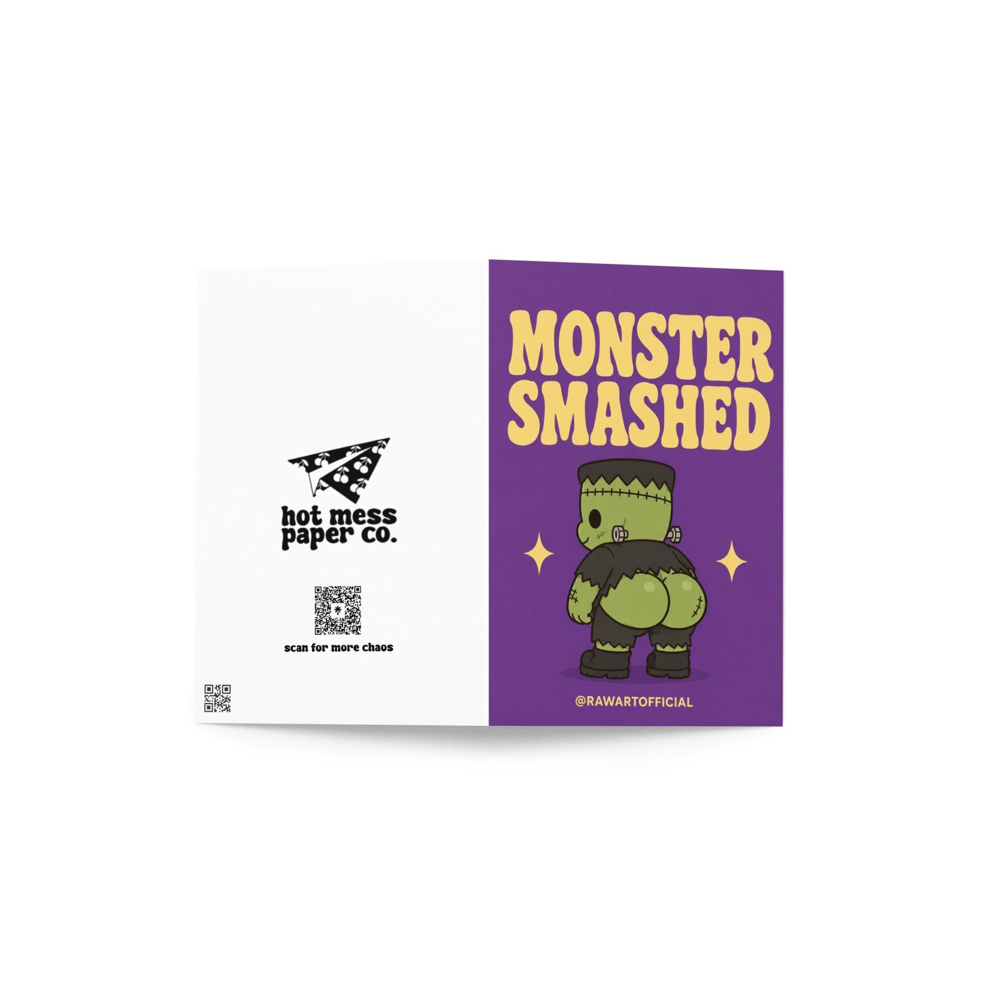 Funny Halloween greeting card with a cute Frankenstein monster from behind and the text “Monster Smashed” on a purple background.