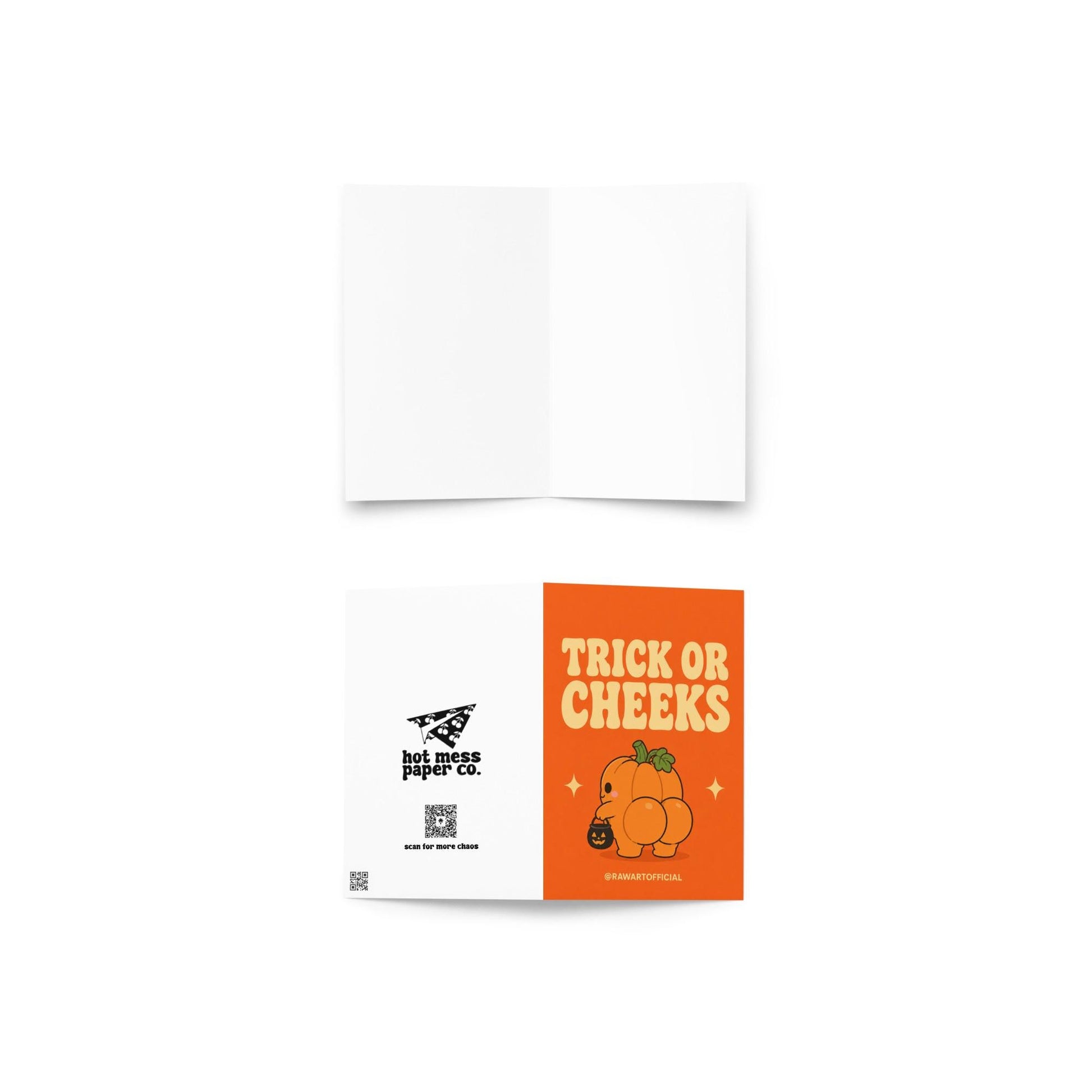 Funny Halloween greeting card with a cute pumpkin character from behind holding a candy bucket and the text “Trick or Cheeks” on an orange background.