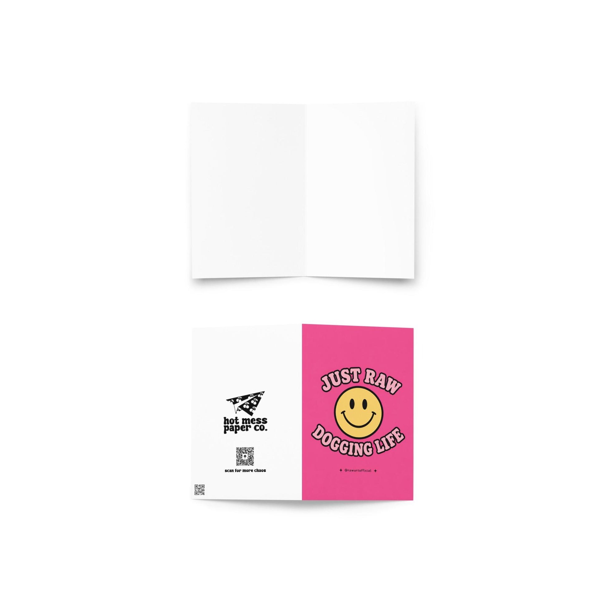 Funny pink greeting card with a retro smiley face and the text “Just Raw Dogging Life” in bubble lettering.