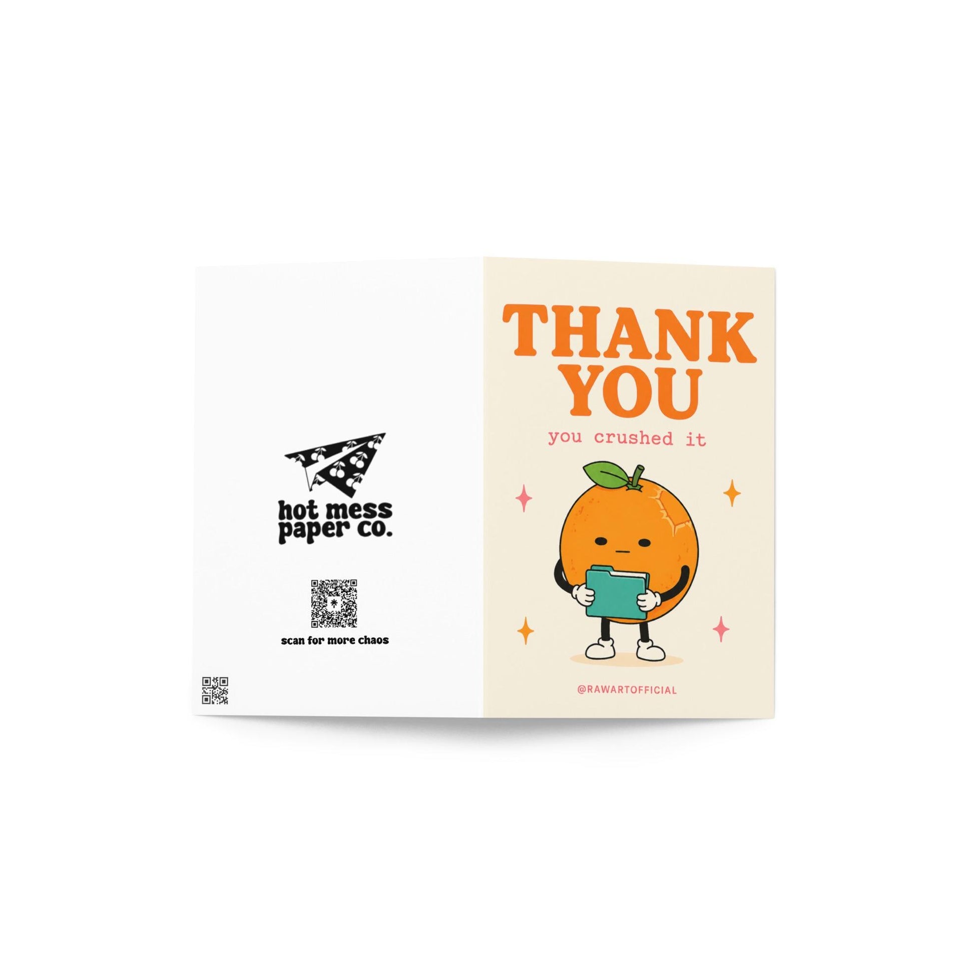 Funny coworker thank you greeting card with cartoon orange holding clipboard saying “Thank You, you crushed it” on cream background.