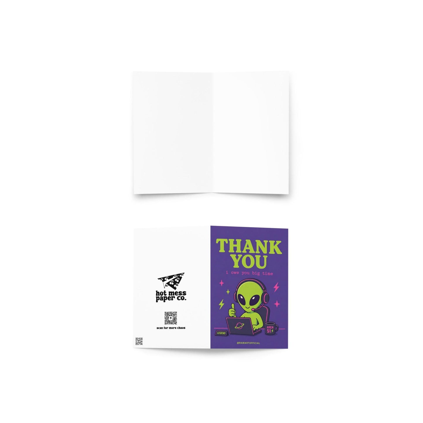 Funny coworker thank you greeting card with cartoon alien wearing headset at computer saying “Thank You, i owe you big time” on purple background.