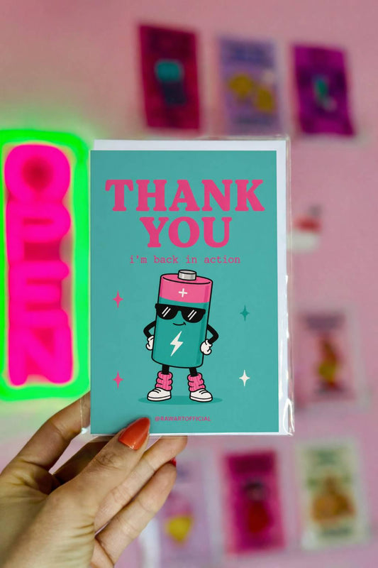 Funny coworker thank you greeting card with cartoon battery wearing sunglasses saying “Thank You, i’m back in action” on teal background.