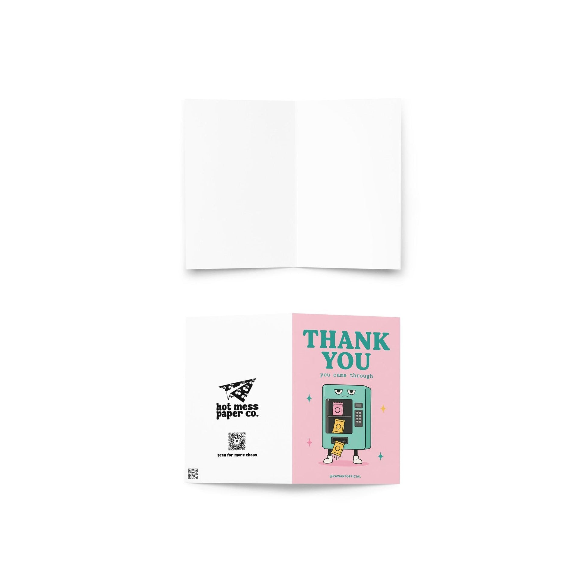 Funny coworker thank you greeting card with cartoon vending machine saying “Thank You, you came through” on pink background.