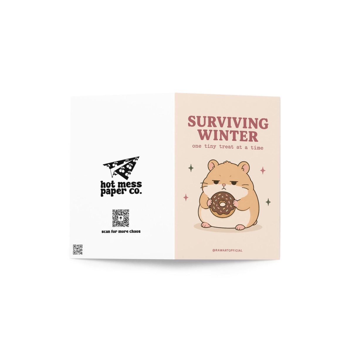 Funny winter greeting card with grumpy hamster holding donut on cream background saying “Surviving Winter One Tiny Treat At A Time”