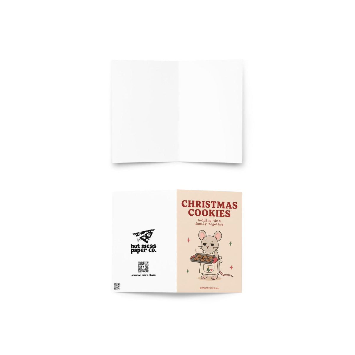 Funny Christmas greeting card with tired mouse holding tray of cookies on cream background saying “Christmas Cookies Holding This Family Together”